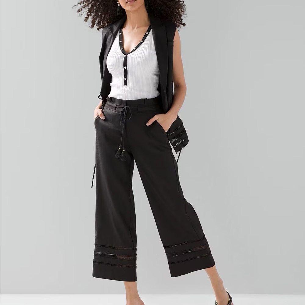 White House Black Market Black Wide-Leg Pants with Tassel Tie size 4 Long - Picture 3 of 4